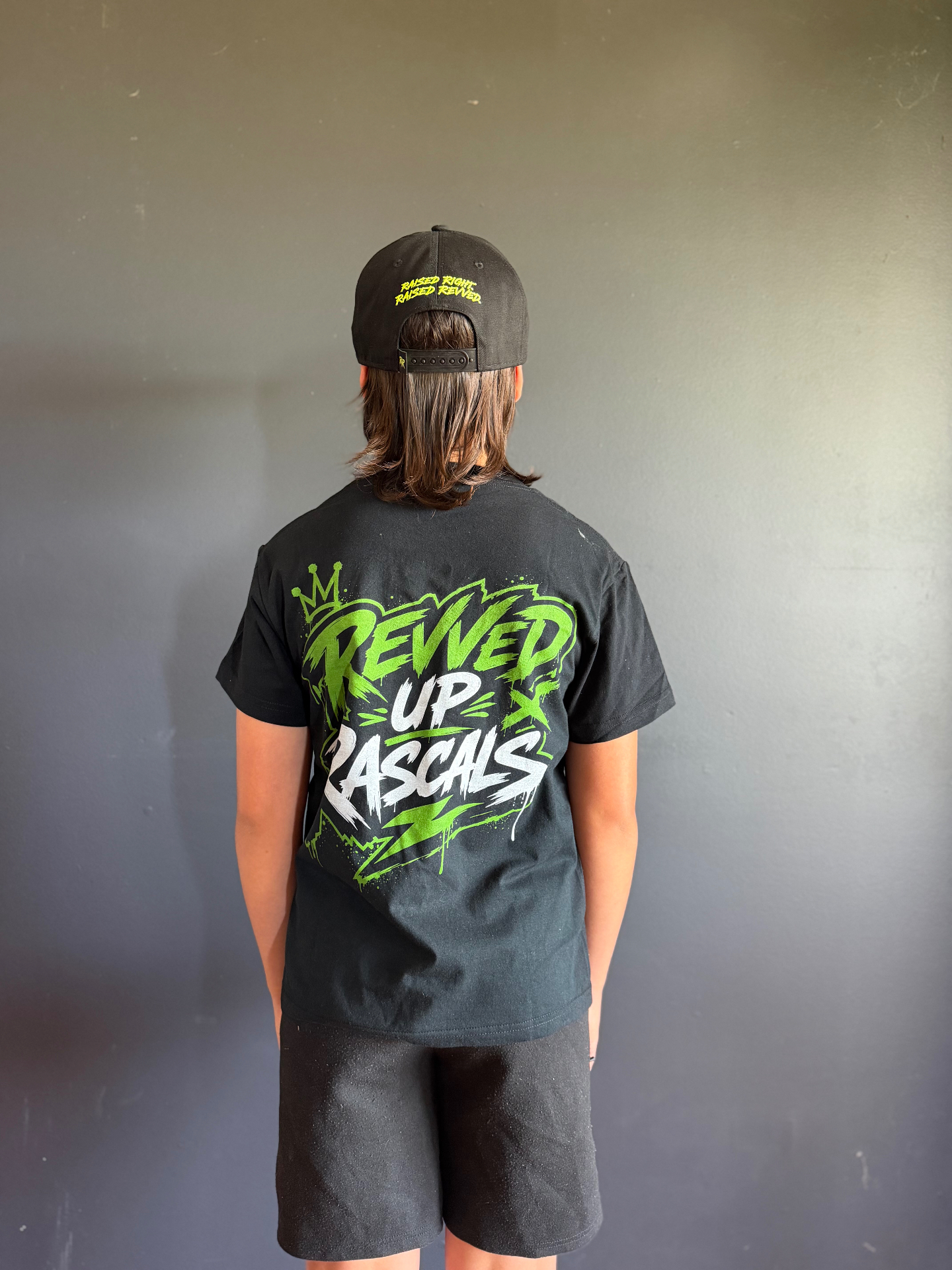 Rascal Crew Tee — full-back Revved Up Rascals graphic on a black heavyweight tee