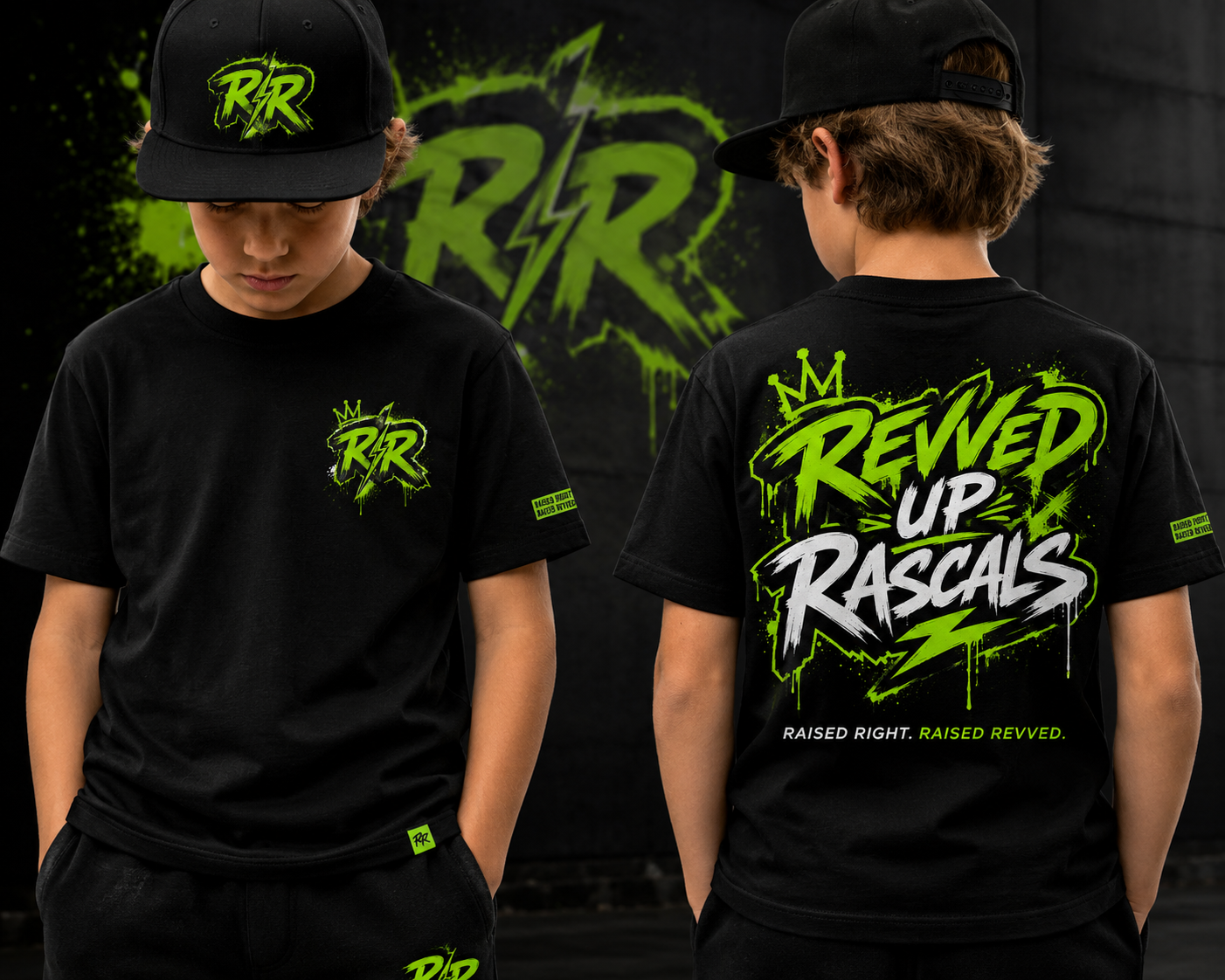 Rascal Crew Tee — front chest RR mark and full-back Revved Up Rascals graphic on a black heavyweight tee