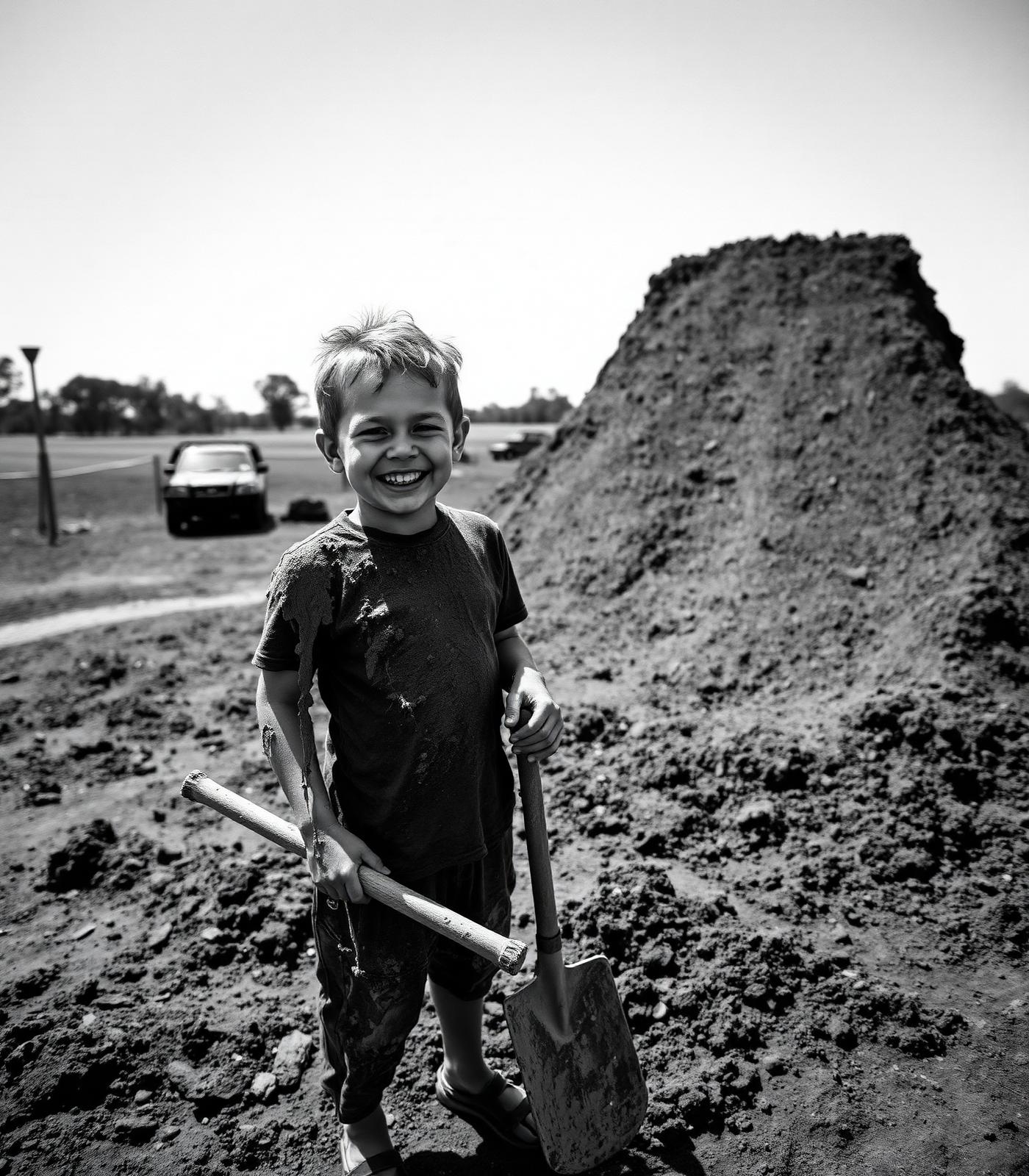 Kid on the dirt after a build day